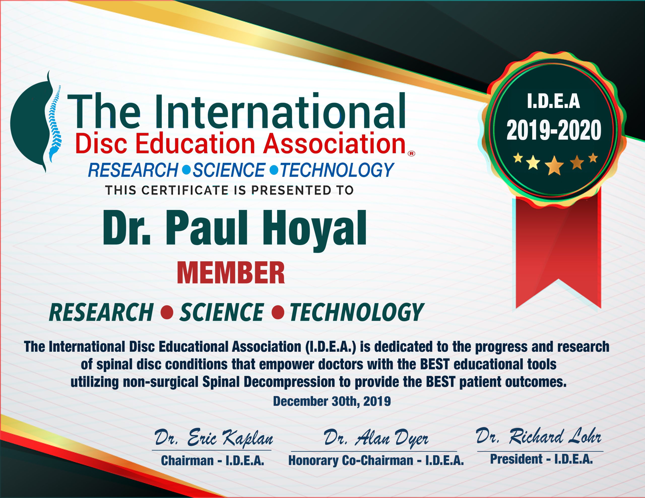 Image of an award for Dr. Paul Hoyal.