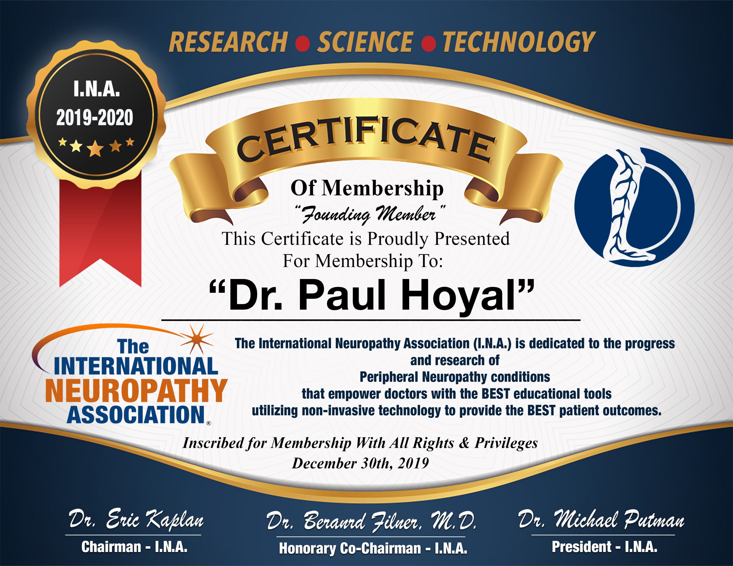 Image of an award for Dr. Paul Hoyal.